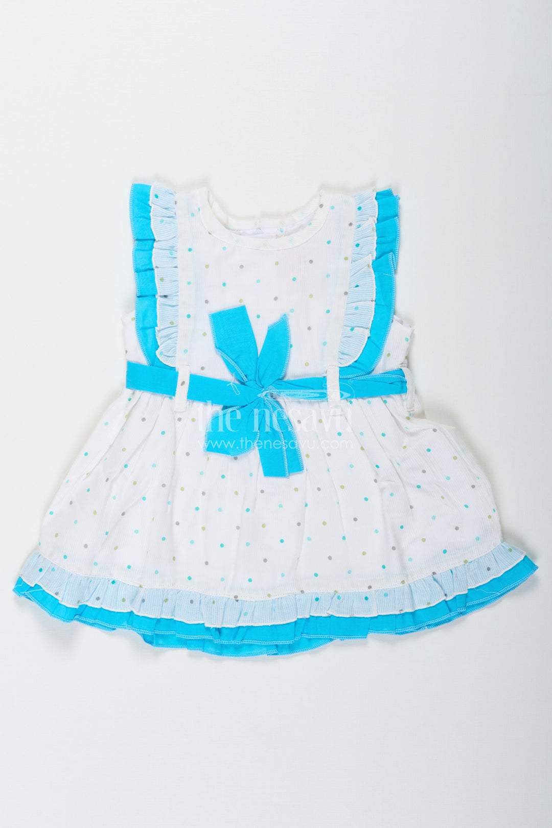 The Nesavu Baby Cotton Frocks White Party Frock for Baby Girls with Blue Ruffles and Digital Dot Print in Soft Cotton Blend Nesavu 12 (3M) / Blue BFJ775A-12 Nesavu Baby Girls White Party Frock Cotton Blend Blue Ruffles Colorful Dot Print