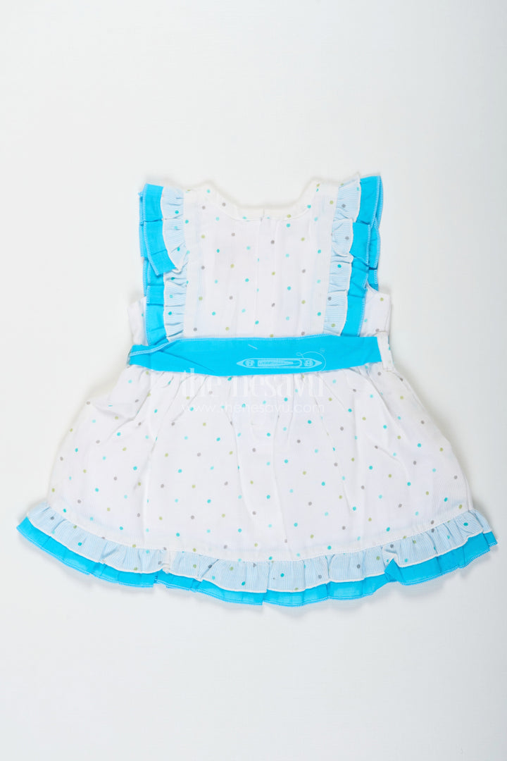 The Nesavu Baby Cotton Frocks White Party Frock for Baby Girls with Blue Ruffles and Digital Dot Print in Soft Cotton Blend Nesavu Nesavu Baby Girls White Party Frock Cotton Blend Blue Ruffles Colorful Dot Print