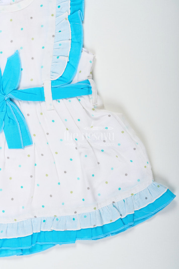 The Nesavu Baby Cotton Frocks White Party Frock for Baby Girls with Blue Ruffles and Digital Dot Print in Soft Cotton Blend Nesavu Nesavu Baby Girls White Party Frock Cotton Blend Blue Ruffles Colorful Dot Print