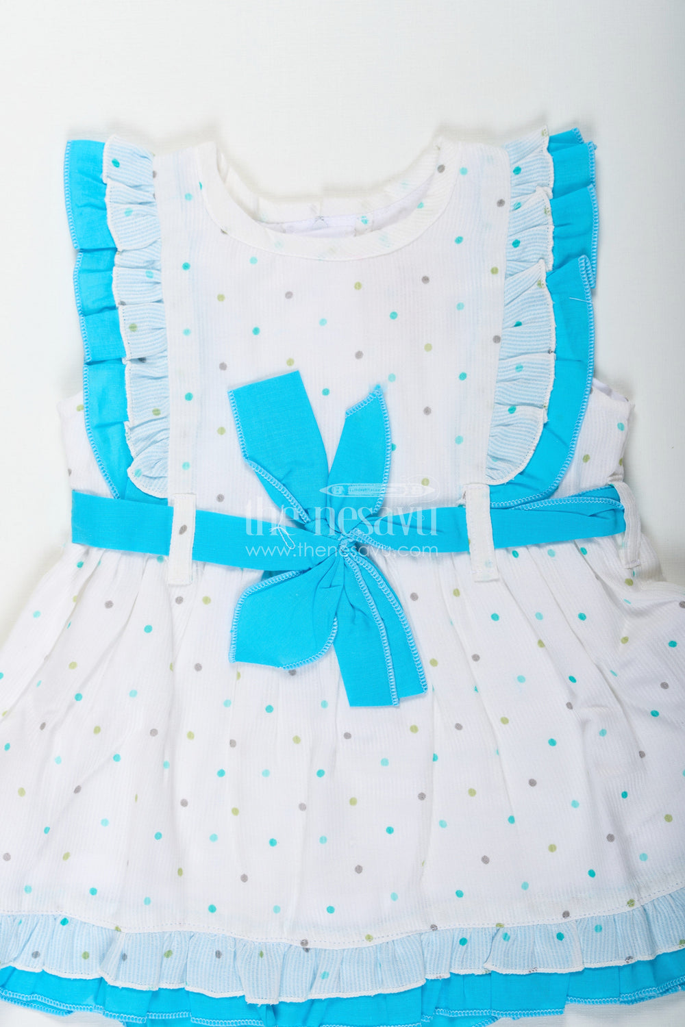 The Nesavu Baby Cotton Frocks White Party Frock for Baby Girls with Blue Ruffles and Digital Dot Print in Soft Cotton Blend Nesavu Nesavu Baby Girls White Party Frock Cotton Blend Blue Ruffles Colorful Dot Print
