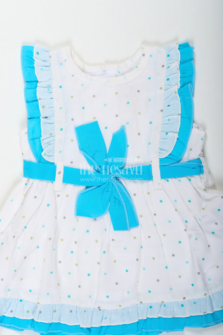 The Nesavu Baby Cotton Frocks White Party Frock for Baby Girls with Blue Ruffles and Digital Dot Print in Soft Cotton Blend Nesavu Nesavu Baby Girls White Party Frock Cotton Blend Blue Ruffles Colorful Dot Print