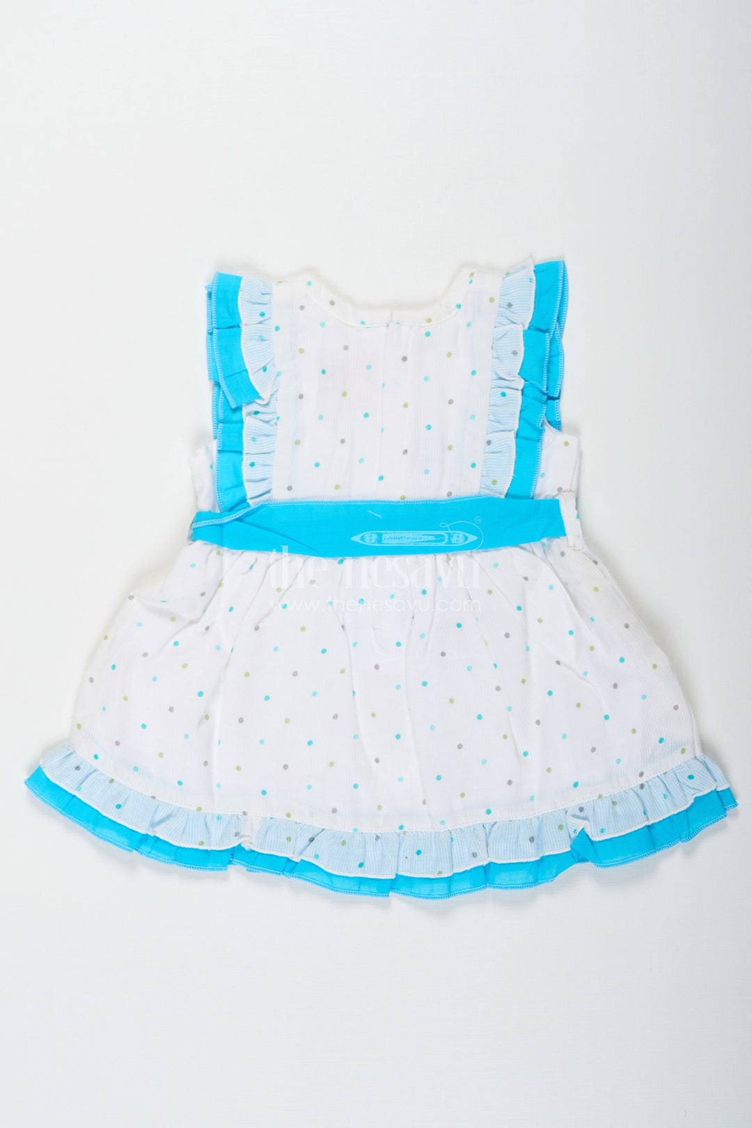 The Nesavu Baby Cotton Frocks White Party Frock for Baby Girls with Blue Ruffles and Digital Dot Print in Soft Cotton Blend Nesavu Nesavu Baby Girls White Party Frock Cotton Blend Blue Ruffles Colorful Dot Print