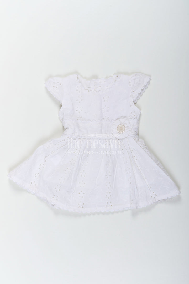 The Nesavu Baby Cotton Frocks White Party Wear Frock for Baby Girls in Cotton Hakoba with Embroidered Floral Details and Mini Handbag Nesavu 12 (3M) / White BFJ779B-12 Nesavu White Party Wear Frock Baby Girls Hakoba Embroidery Beaded Handbag