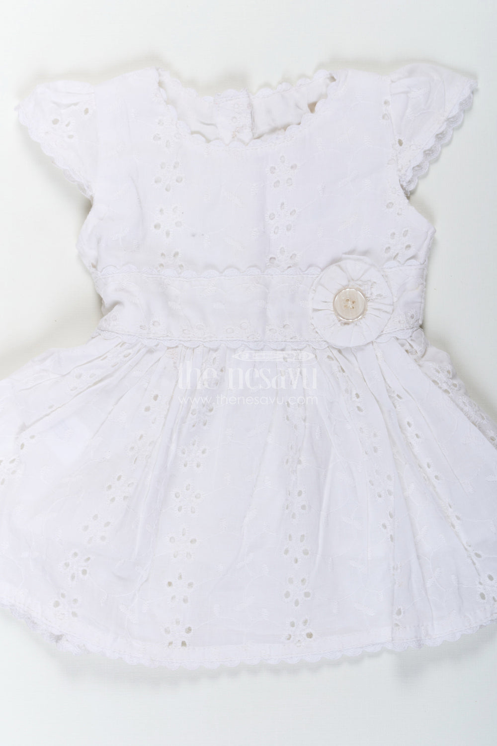 The Nesavu Baby Cotton Frocks White Party Wear Frock for Baby Girls in Cotton Hakoba with Embroidered Floral Details and Mini Handbag Nesavu Nesavu White Party Wear Frock Baby Girls Hakoba Embroidery Beaded Handbag