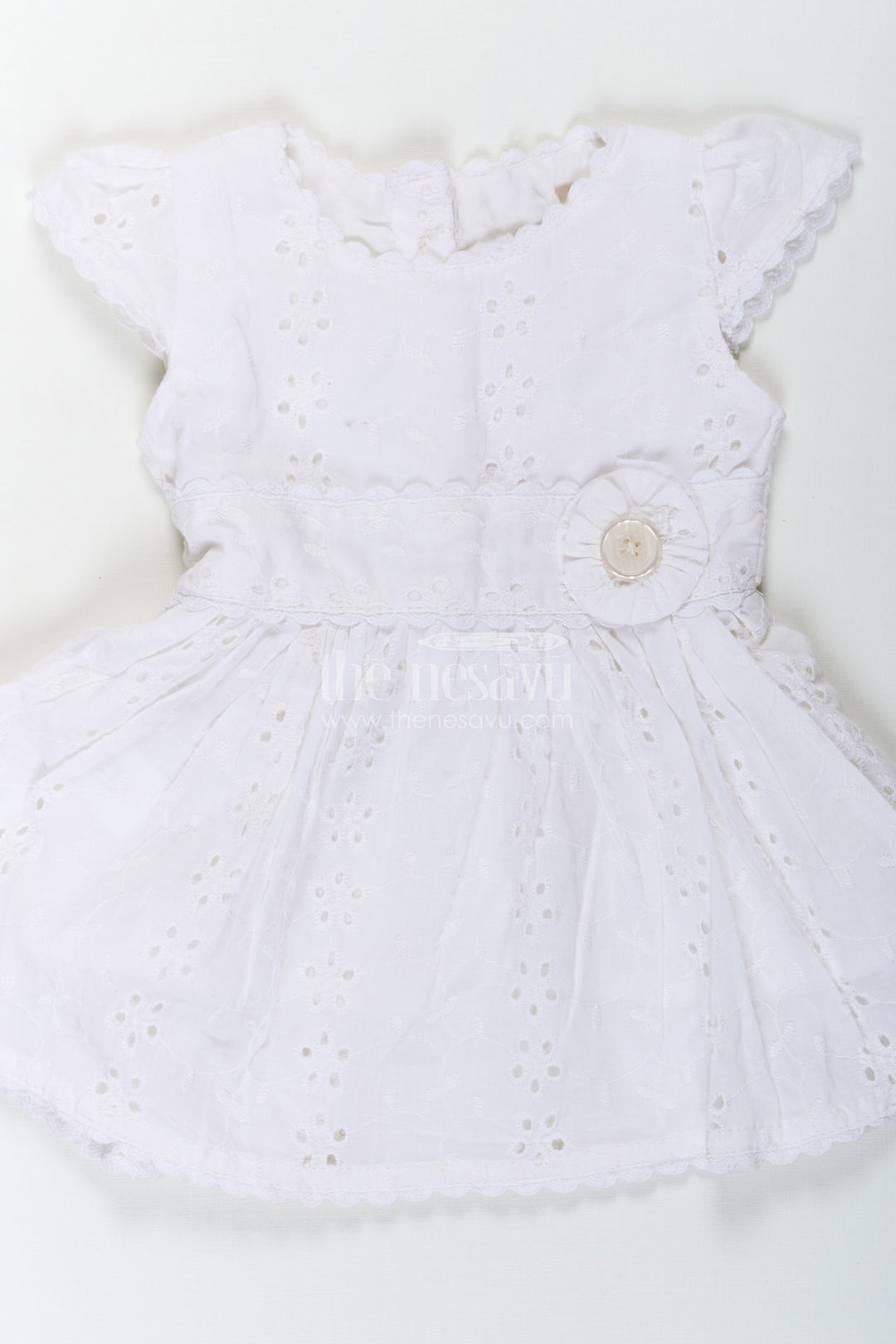 The Nesavu Baby Cotton Frocks White Party Wear Frock for Baby Girls in Cotton Hakoba with Embroidered Floral Details and Mini Handbag Nesavu Nesavu White Party Wear Frock Baby Girls Hakoba Embroidery Beaded Handbag