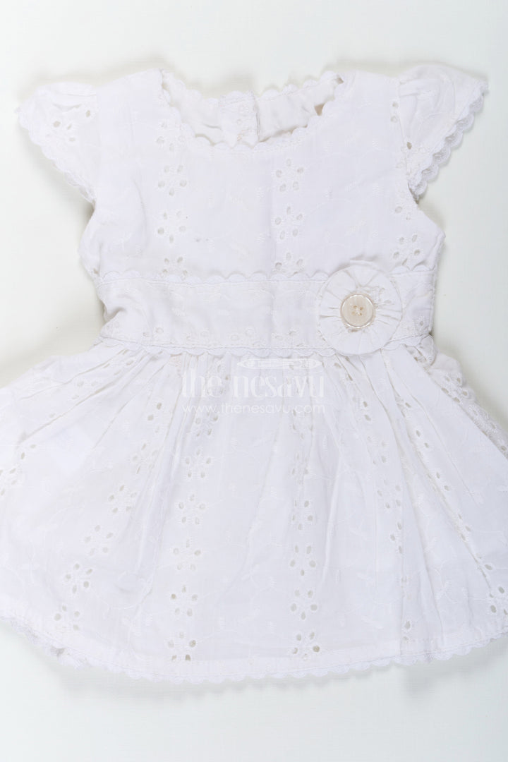 The Nesavu Baby Cotton Frocks White Party Wear Frock for Baby Girls in Cotton Hakoba with Embroidered Floral Details and Mini Handbag Nesavu Nesavu White Party Wear Frock Baby Girls Hakoba Embroidery Beaded Handbag