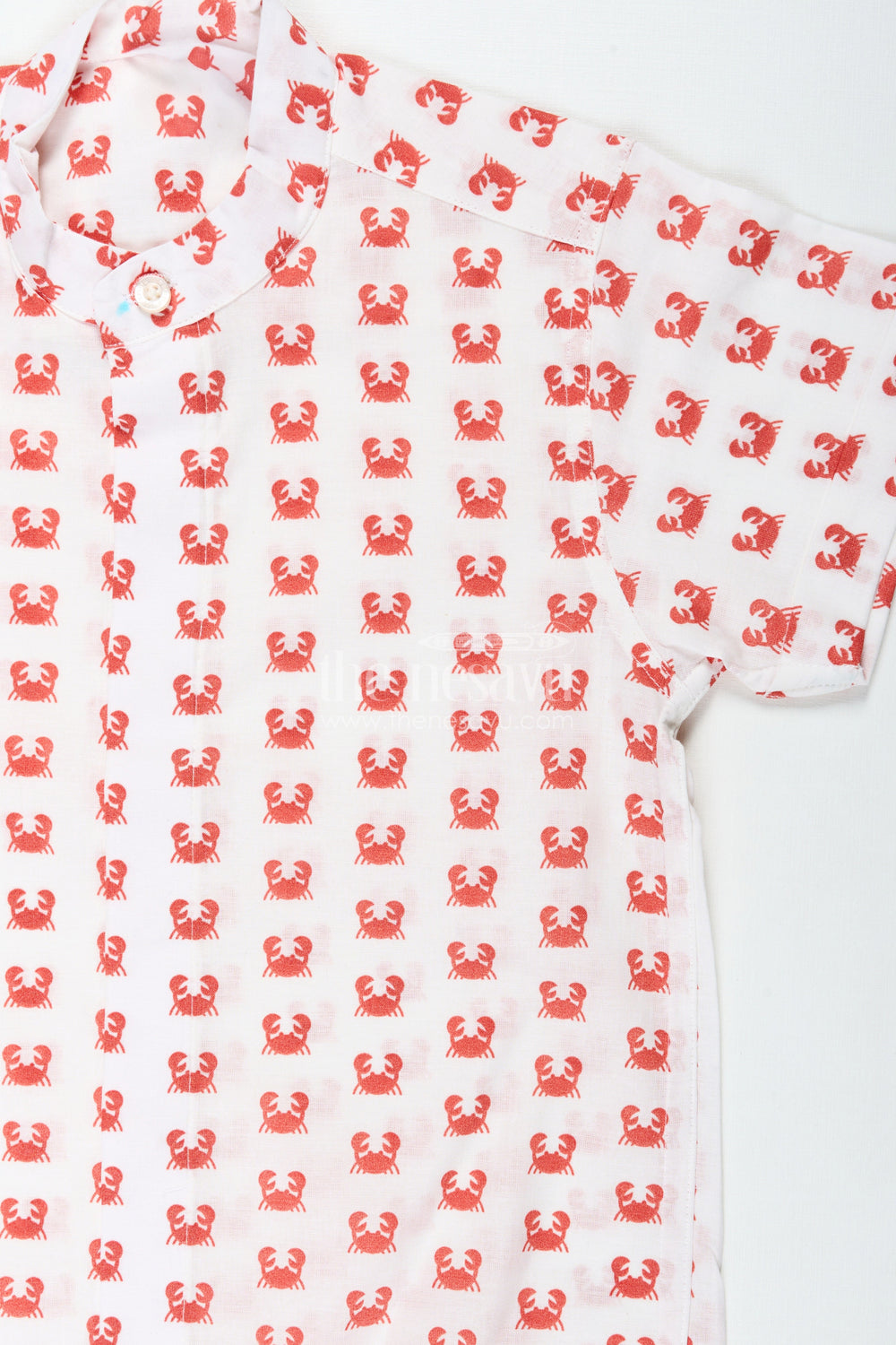 The Nesavu Boys Cotton Shirt White Printed Shirt for Boys in Cotton with Red Crab Motifs and Bold Sea-Inspired Digital Print Nesavu Nesavu White Printed Shirt Boys Cotton Red Crab Digital Print Sea-Themed Design