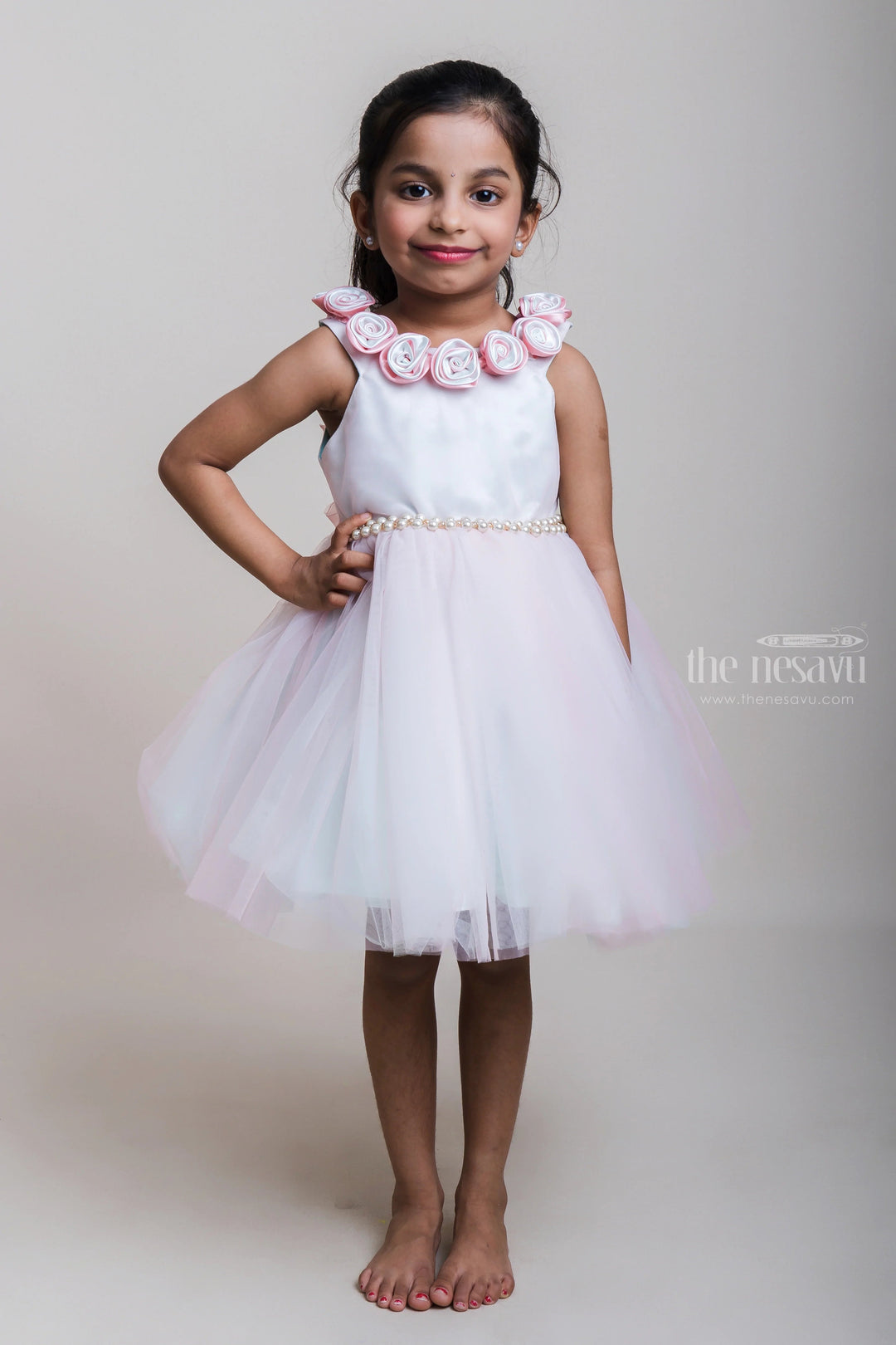 The Nesavu Girls Tutu Frock White Satin Yoke With Flower Embellishment And Pink Flare Frock For Girls Nesavu 16 (1Y) / White PF107D-16 Pink And White Net Frocks For 2023| Birthday Special Dresses| The Nesavu