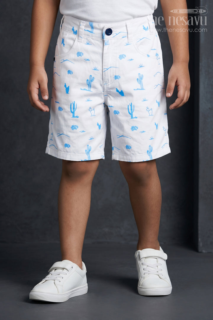 The Nesavu Boys Shorts White Shirt Shorts for Boys in Cotton with Blue Cactus and Animal All Over Digital Print Nesavu 26 (6Y) / Half white BWS013A-26 White Shirt Shorts Boys Cotton Blue All Over Digital Print Pockets | The Nesavu