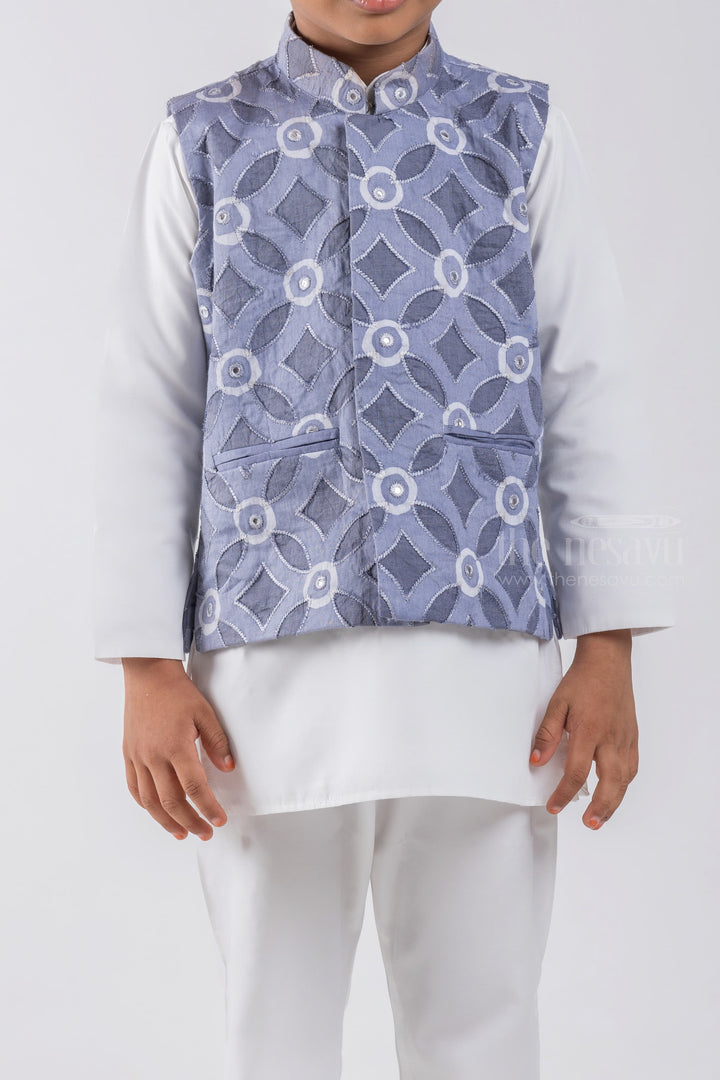 The Nesavu Boys Jacket Sets White Solid Cotton Kurta and Pant with Geometrical Printed Gray Overcoat for Boys psr silks Nesavu