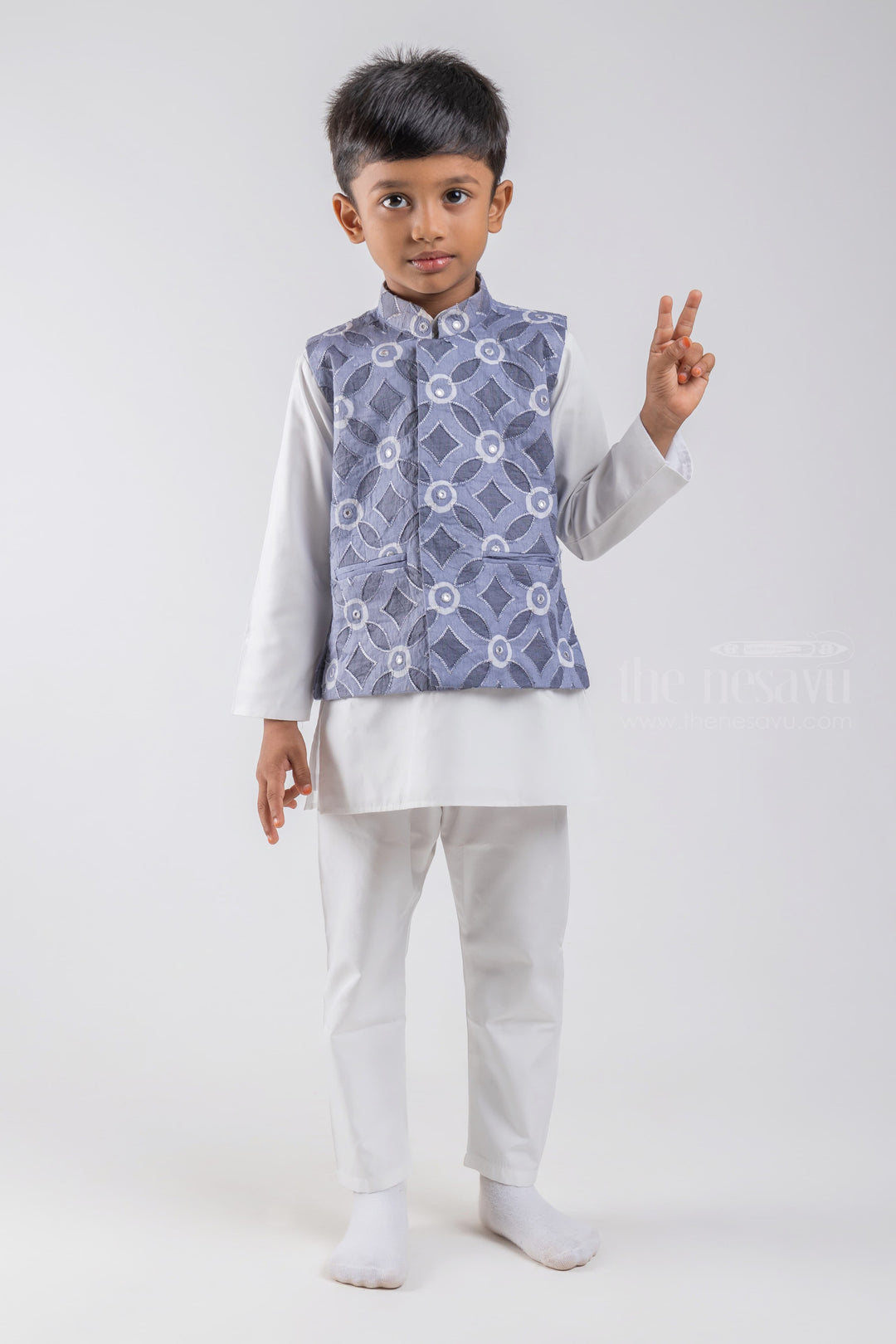The Nesavu Boys Jacket Sets White Solid Cotton Kurta and Pant with Geometrical Printed Gray Overcoat for Boys psr silks Nesavu