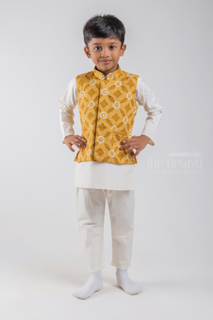 The Nesavu Boys Jacket Sets White Solid Cotton Kurta and Pant with Geometrical Printed Yellow Overcoat for Boys psr silks Nesavu 14 (6M) / White / Cotton BES350B