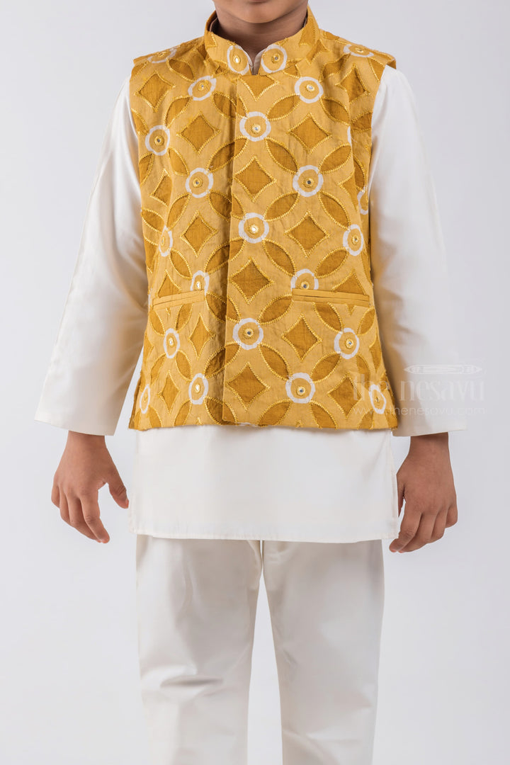 The Nesavu Boys Jacket Sets White Solid Cotton Kurta and Pant with Geometrical Printed Yellow Overcoat for Boys psr silks Nesavu