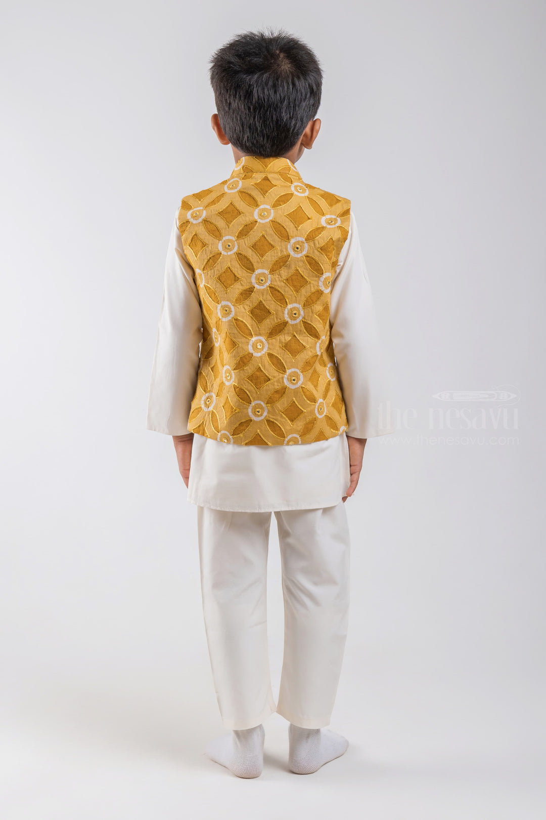 The Nesavu Boys Jacket Sets White Solid Cotton Kurta and Pant with Geometrical Printed Yellow Overcoat for Boys psr silks Nesavu