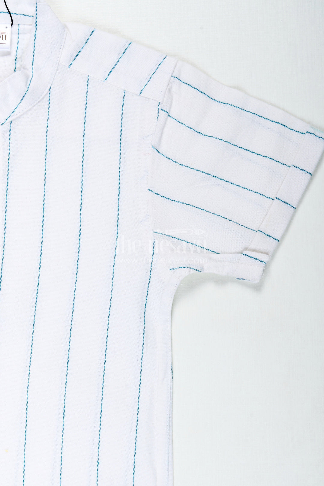 The Nesavu Boys Cotton Shirt White Striped Shirt for Boys in Cotton with Blue Vertical Lines and Mandarin Collar Finish Nesavu Nesavu White Striped Shirt Boys Cotton Blue Lines Lightweight Summer Fit