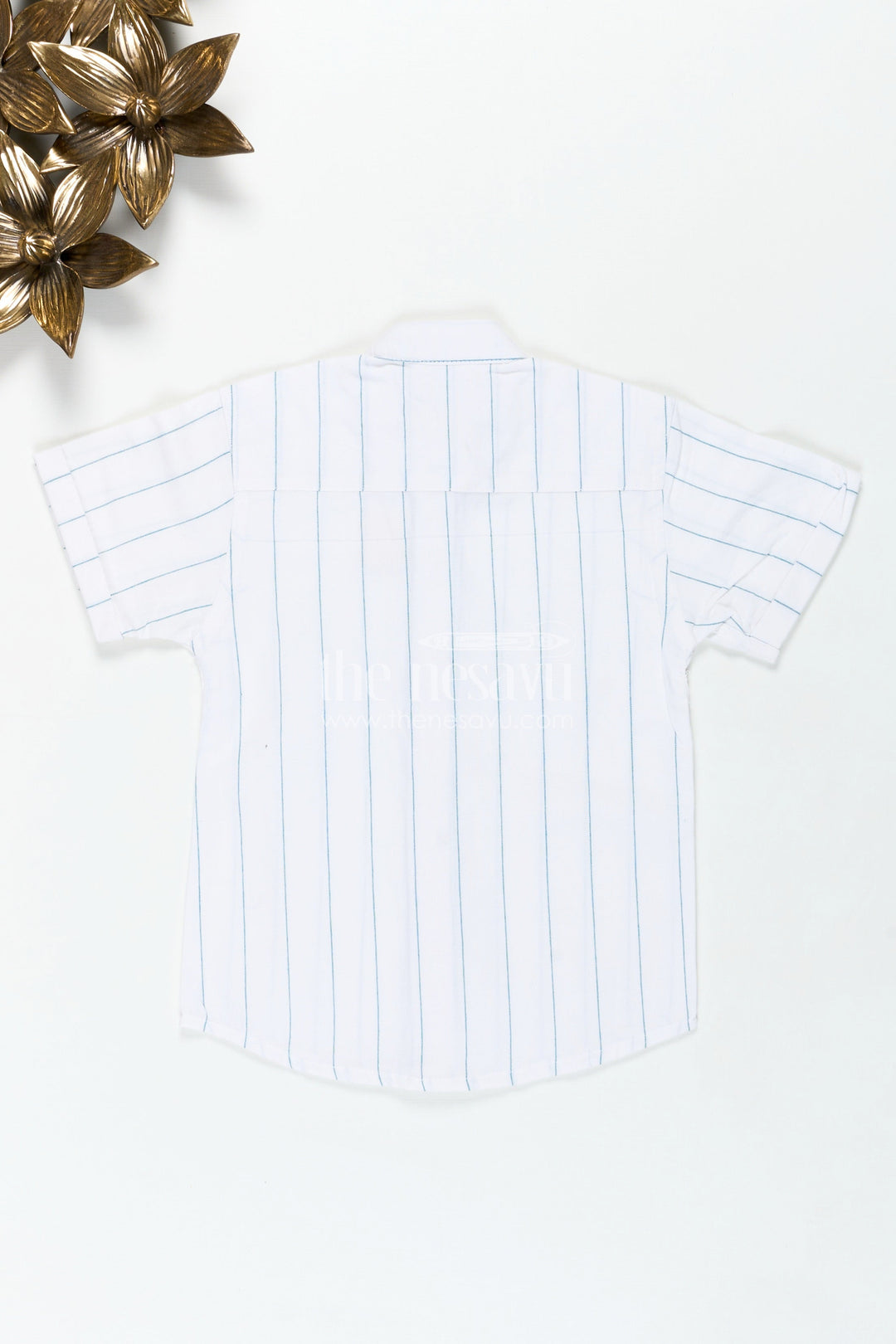 The Nesavu Boys Cotton Shirt White Striped Shirt for Boys in Cotton with Blue Vertical Lines and Mandarin Collar Finish Nesavu Nesavu White Striped Shirt Boys Cotton Blue Lines Lightweight Summer Fit