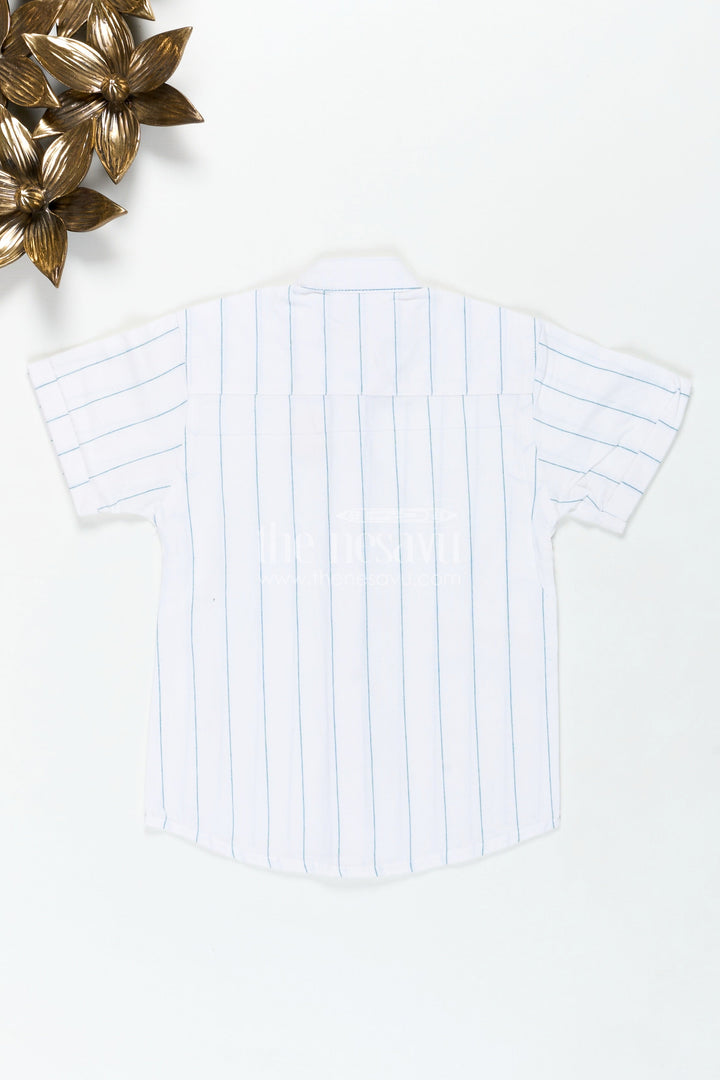 The Nesavu Boys Cotton Shirt White Striped Shirt for Boys in Cotton with Blue Vertical Lines and Mandarin Collar Finish Nesavu Nesavu White Striped Shirt Boys Cotton Blue Lines Lightweight Summer Fit