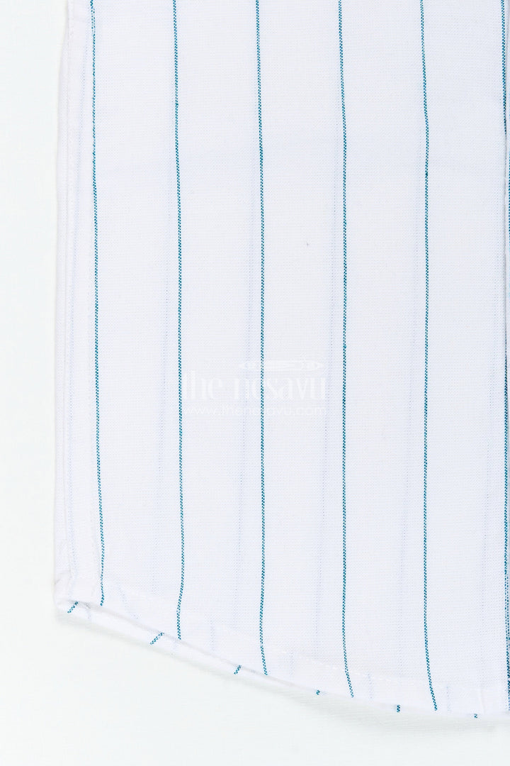 The Nesavu Boys Cotton Shirt White Striped Shirt for Boys in Cotton with Blue Vertical Lines and Mandarin Collar Finish Nesavu Nesavu White Striped Shirt Boys Cotton Blue Lines Lightweight Summer Fit