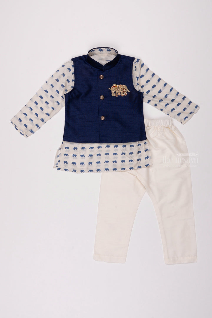 The Nesavu Boys Jacket Sets Wildlife Whisper: Animal-Print Kurta & Blue Overcoat Combo with Sleek Pant for Boys Nesavu 10 (NB) / Blue / Muslin Silk BES382A-10 Explore Trendy Boys Ethnic Kurta Sets | Latest Designs | The Nesavu