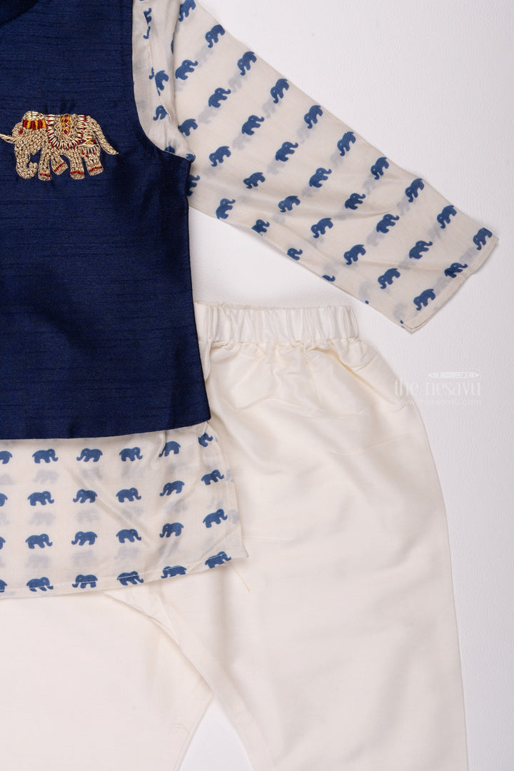 The Nesavu Boys Jacket Sets Wildlife Whisper: Animal-Print Kurta & Blue Overcoat Combo with Sleek Pant for Boys Nesavu Explore Trendy Boys Ethnic Kurta Sets | Latest Designs | The Nesavu