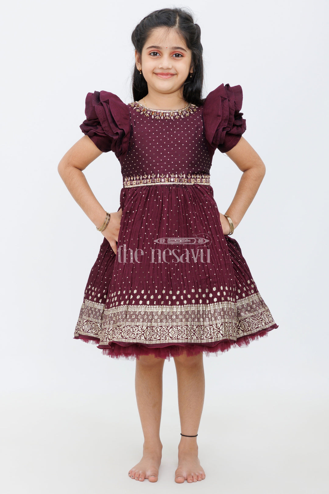 The Nesavu Silk Party Frock Wine Color Blended Silk Party Frock with Embroidered Neckline and Foil Print for Girls Nesavu 18 (2Y) / Maroon SF916B-18 Wine Color Blended Silk Party Frock with Embroidered Neckline for Girls Nesavu