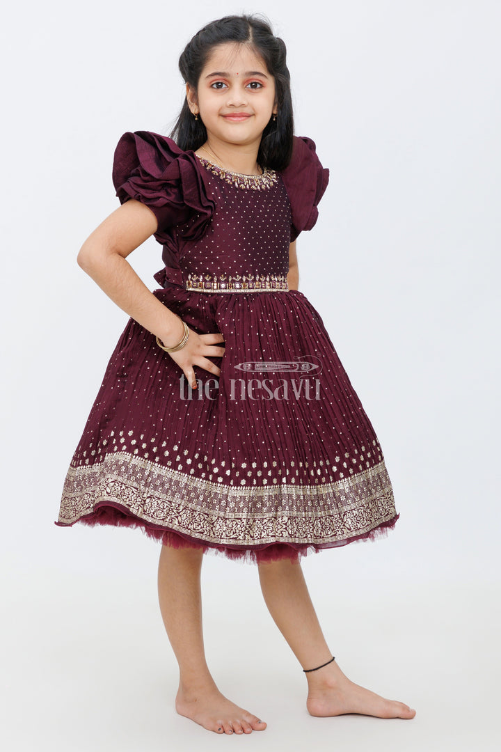 The Nesavu Silk Party Frock Wine Color Blended Silk Party Frock with Embroidered Neckline and Foil Print for Girls Nesavu Wine Color Blended Silk Party Frock with Embroidered Neckline for Girls Nesavu