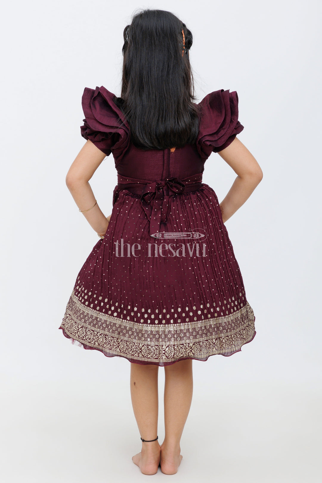 The Nesavu Silk Party Frock Wine Color Blended Silk Party Frock with Embroidered Neckline and Foil Print for Girls Nesavu Wine Color Blended Silk Party Frock with Embroidered Neckline for Girls Nesavu