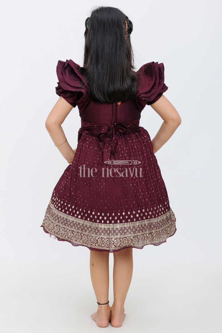 The Nesavu Silk Party Frock Wine Color Blended Silk Party Frock with Embroidered Neckline and Foil Print for Girls Nesavu Wine Color Blended Silk Party Frock with Embroidered Neckline for Girls Nesavu