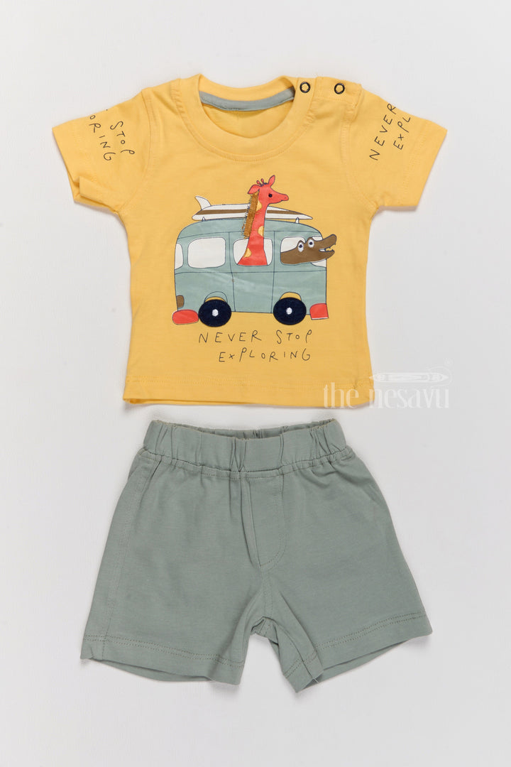 The Nesavu Baby Casual Sets Winter Party Wear Yellow Cotton T-Shirt and Green Shorts Set with Fun Car Print Nesavu 10 (NB) / Yellow BCS184A-10 Nesavu Winter Party Wear Cotton T-Shirt Shorts Set Fun Car Print