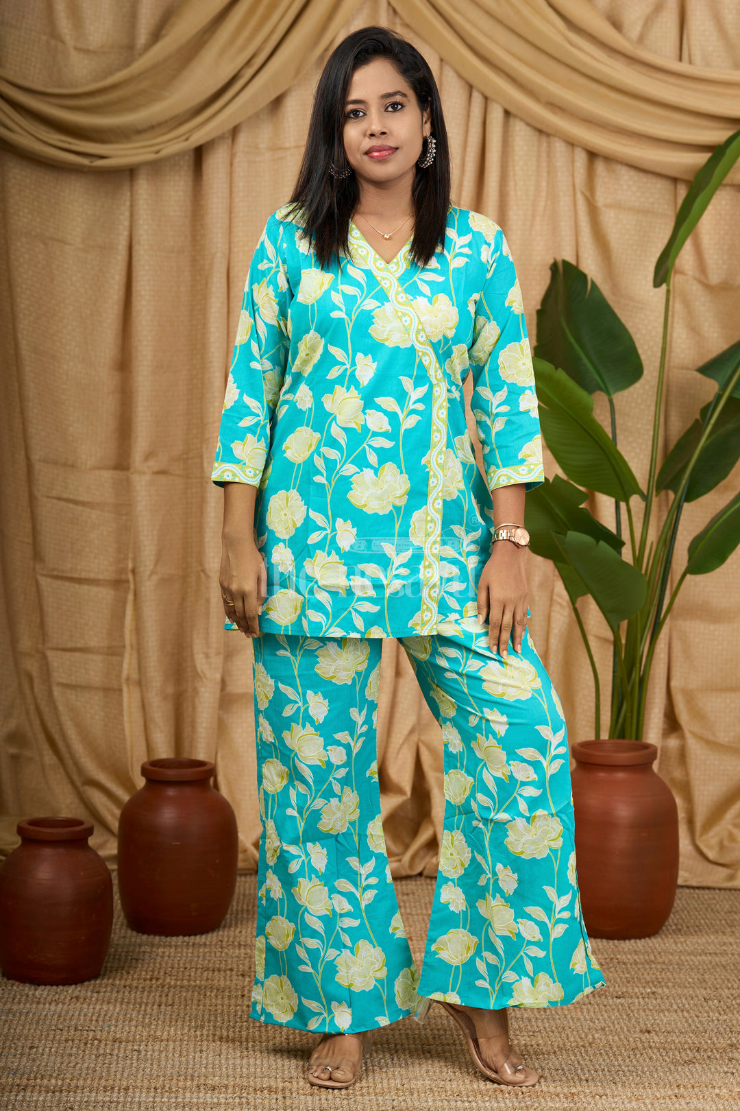 The Nesavu Womens Co-Ord Sets Women's Co-Ord Set in Turquoise Cotton with Yellow Floral Print for Everyday Wear Nesavu 38 (M) / Green WTW021B-38 Nesavu Women's Turquoise Cotton Co-Ord Set Yellow Floral Print Comfortable Everyday Wear