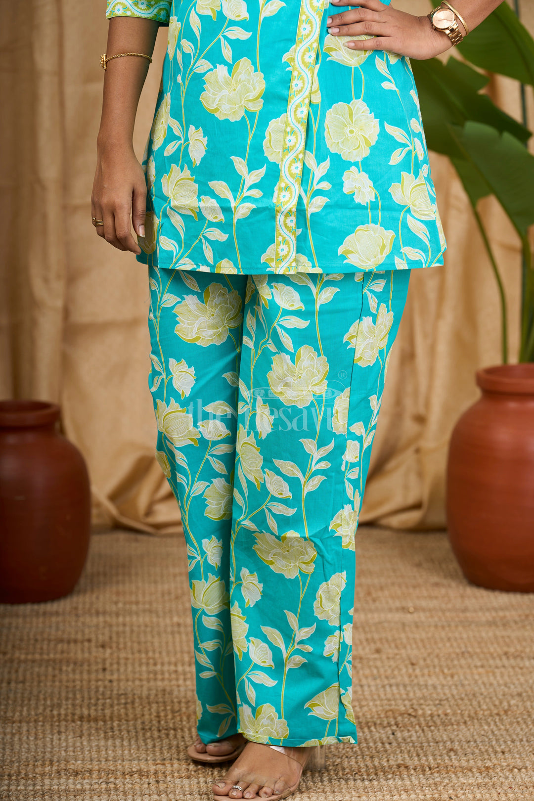 The Nesavu Womens Co-Ord Sets Women's Co-Ord Set in Turquoise Cotton with Yellow Floral Print for Everyday Wear Nesavu Nesavu Women's Turquoise Cotton Co-Ord Set Yellow Floral Print Comfortable Everyday Wear