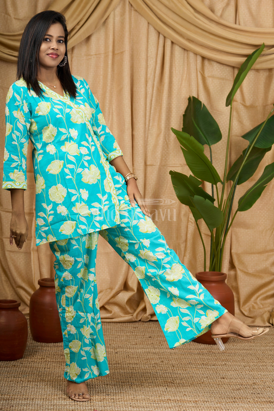 The Nesavu Womens Co-Ord Sets Women's Co-Ord Set in Turquoise Cotton with Yellow Floral Print for Everyday Wear Nesavu Nesavu Women's Turquoise Cotton Co-Ord Set Yellow Floral Print Comfortable Everyday Wear