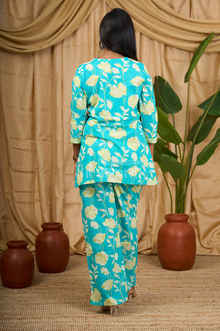 The Nesavu Womens Co-Ord Sets Women's Co-Ord Set in Turquoise Cotton with Yellow Floral Print for Everyday Wear Nesavu Nesavu Women's Turquoise Cotton Co-Ord Set Yellow Floral Print Comfortable Everyday Wear