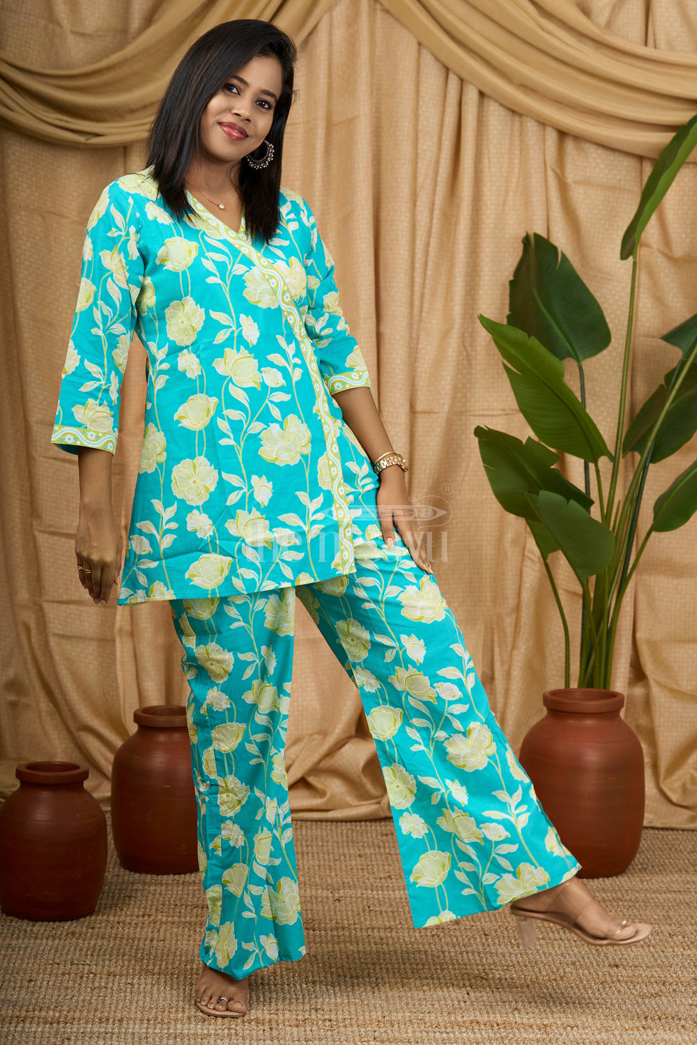 The Nesavu Womens Co-Ord Sets Women's Co-Ord Set in Turquoise Cotton with Yellow Floral Print for Everyday Wear Nesavu Nesavu Women's Turquoise Cotton Co-Ord Set Yellow Floral Print Comfortable Everyday Wear