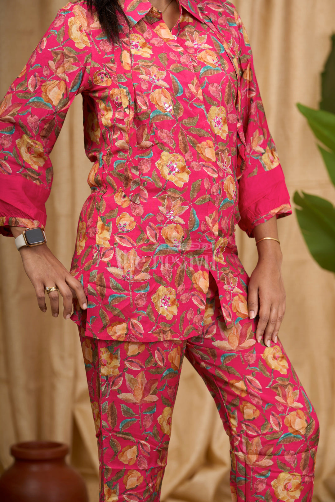 The Nesavu Womens Co-Ord Sets Women's Co-Ord Set in Yellow Muslin Silk with Multicolor Floral Print and Sequin Detailing for Festive Wear Nesavu Nesavu Women's Yellow Muslin Silk Co-Ord Set Multicolor Floral Print Sequin Detailing
