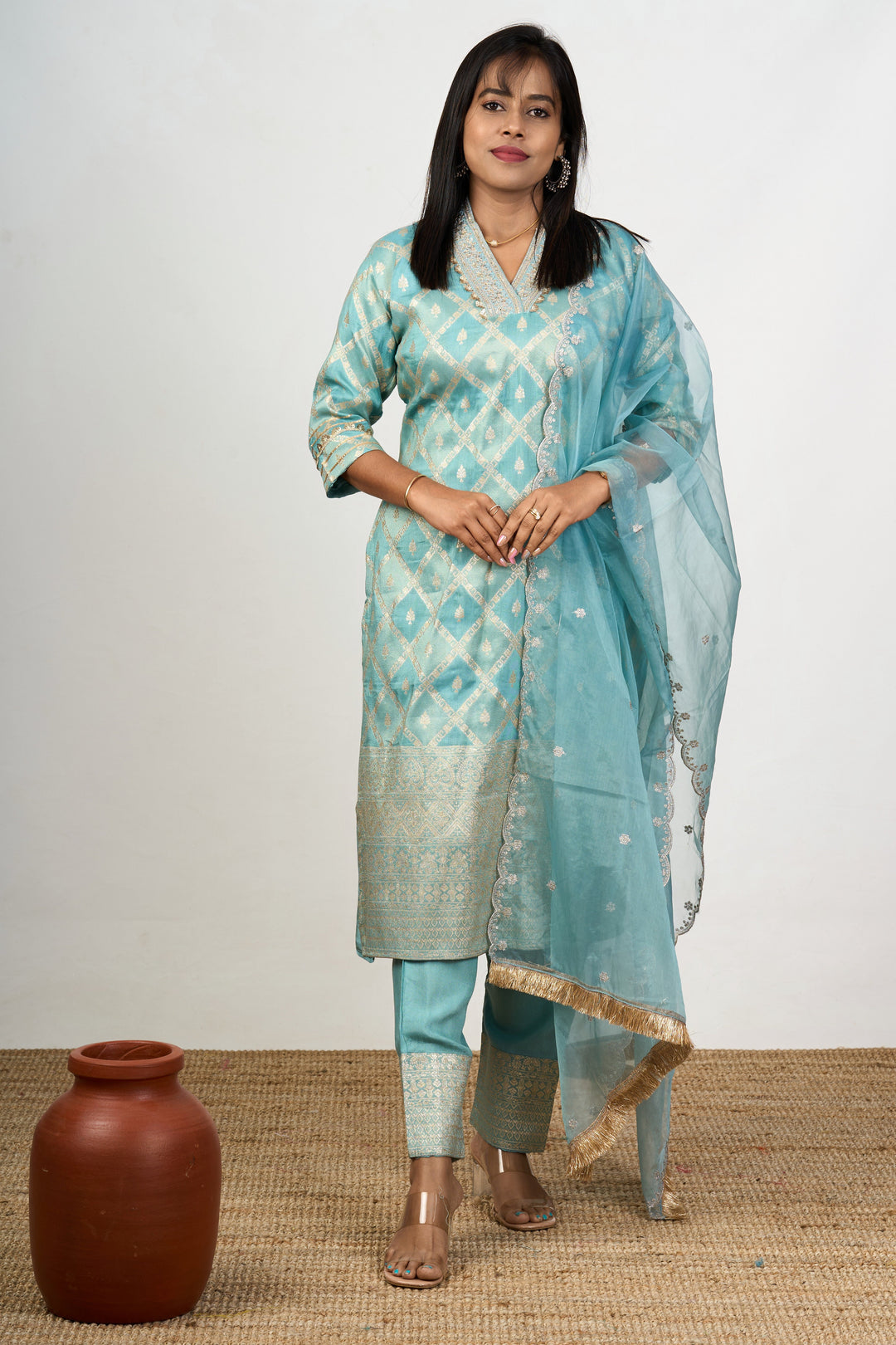The Nesavu Womens Straight Suit Sets Women’S Dresses Embroidered in Aqua Art Silk with Sheer Dupatta and Detailed Neckline Nesavu 38 (M) / Blue WTH056A-38 Aqua Art Silk Womens Dresses Embroidered Sheer Dupatta Elegant Neckline | The Nesavu