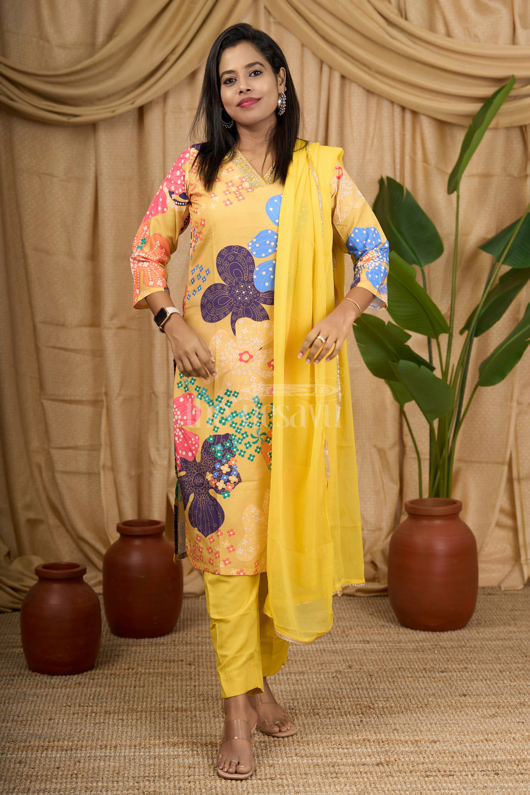 The Nesavu Womens Flared Kurthas Women's Mustard Yellow Straight Suit Set with Multi-Color Floral Print and Mirrorwork Neckline Nesavu 36 (S) / Multicolor WTH022A-36 Nesavu Women's Mustard Yellow Straight Suit Set Multi-Color Floral Print Mirrorwork