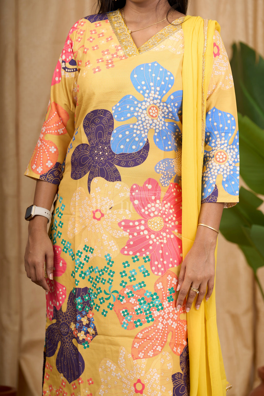 The Nesavu Womens Flared Kurthas Women's Mustard Yellow Straight Suit Set with Multi-Color Floral Print and Mirrorwork Neckline Nesavu Nesavu Women's Mustard Yellow Straight Suit Set Multi-Color Floral Print Mirrorwork