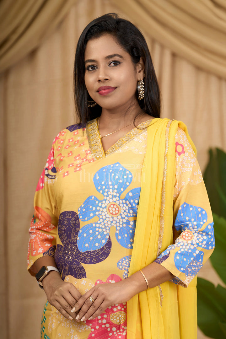 The Nesavu Womens Flared Kurthas Women's Mustard Yellow Straight Suit Set with Multi-Color Floral Print and Mirrorwork Neckline Nesavu Nesavu Women's Mustard Yellow Straight Suit Set Multi-Color Floral Print Mirrorwork