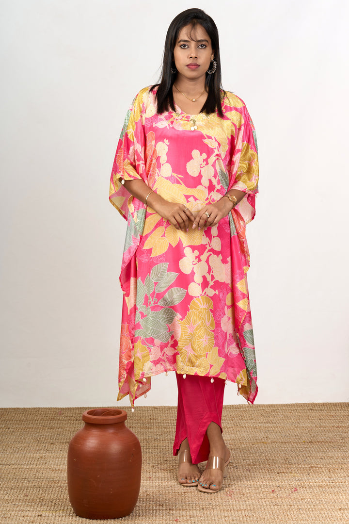 The Nesavu Womens Co-Ord Sets Womens Chiffon Kurta Co Ord Set with Floral Prints and Flowy Design Nesavu 38 (M) / Red WTW036A-38 Nesavu Womens Chiffon Floral Kurta Co Ord Set Relaxed Fit Straight Pants