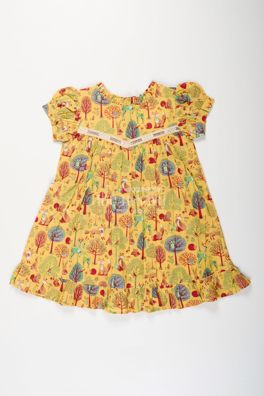 The Nesavu Girls Cotton Frock Woodland Animal Print Cotton Frock for Toddler Girls Nesavu 18 (2Y) / Yellow GFC1945A-18 Nesavu yellow cotton frock for toddler girls with woodland animal print and frill detailing