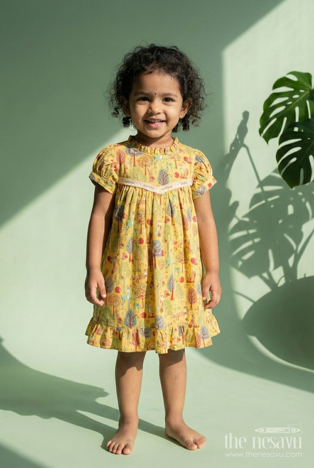 The Nesavu Girls Cotton Frock Woodland Animal Print Cotton Frock for Toddler Girls Nesavu 18 (2Y) / Yellow GFC1945A-18 Nesavu yellow cotton frock for toddler girls with woodland animal print and frill detailing