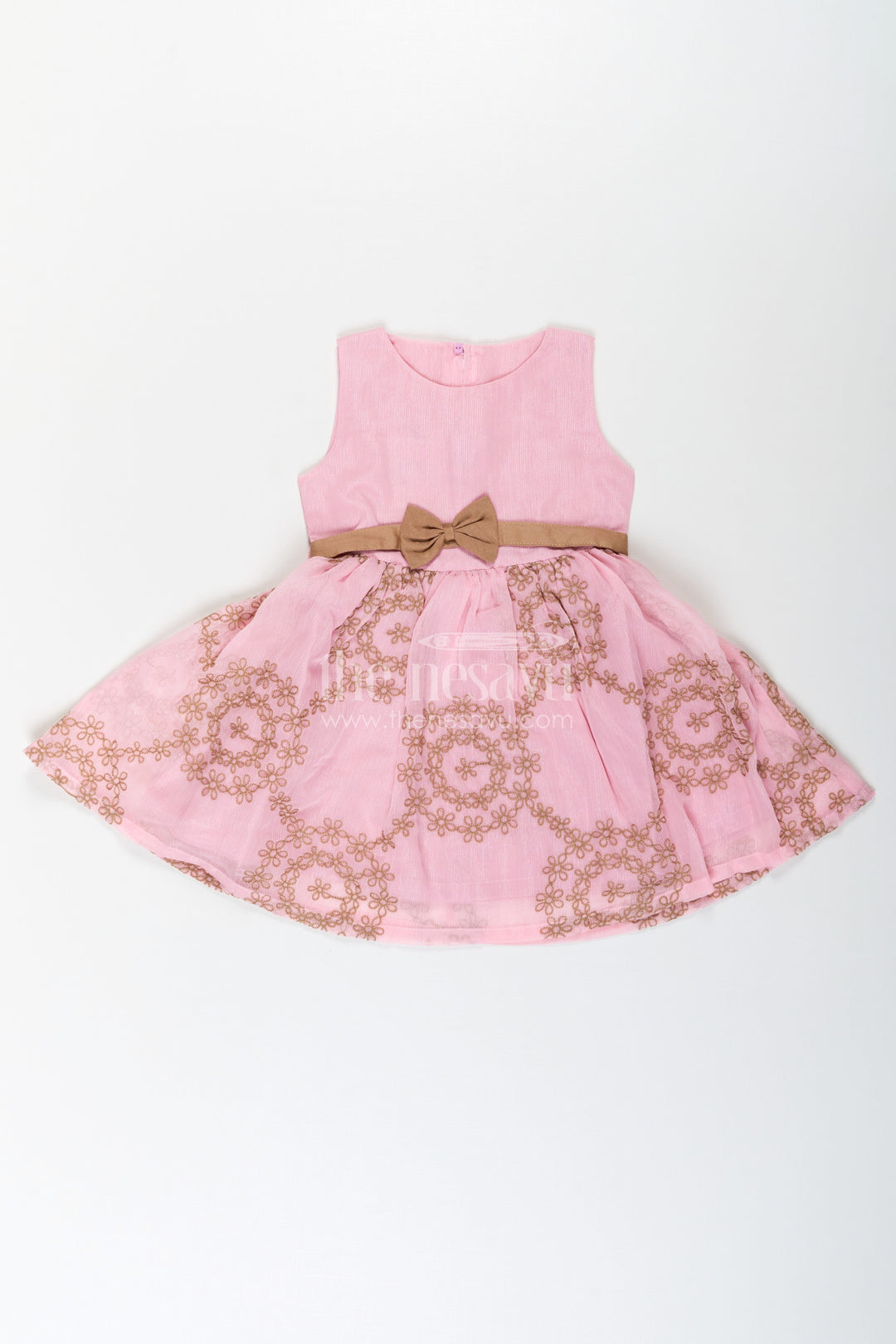 The Nesavu Girls Fancy Frock Work Frock for Girls in Pink and Brown with Cotton Blend and Embroidered Overlay Jacket Nesavu 20 (3Y) / Pink GFC1712A-20 Nesavu Work Frock for Girls with Embroidered Overlay Jacket in Cotton Blend Pink and Brown Design