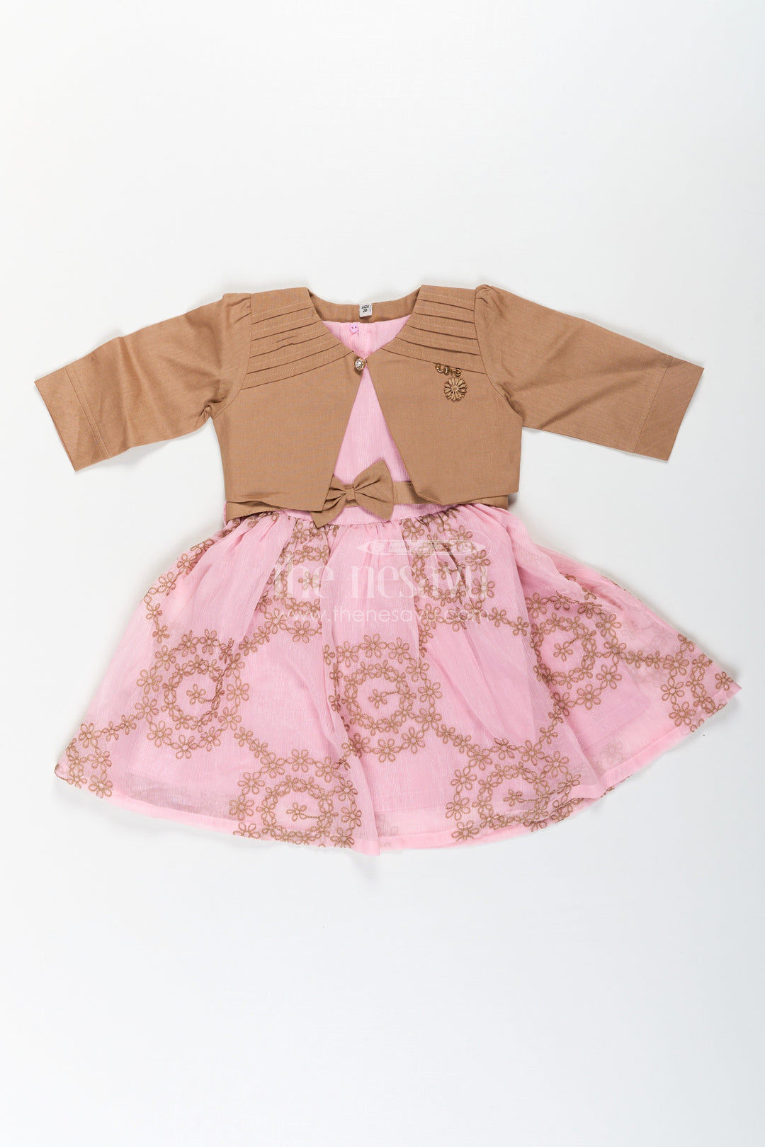 The Nesavu Girls Fancy Frock Work Frock for Girls in Pink and Brown with Cotton Blend and Embroidered Overlay Jacket Nesavu Nesavu Work Frock for Girls with Embroidered Overlay Jacket in Cotton Blend Pink and Brown Design