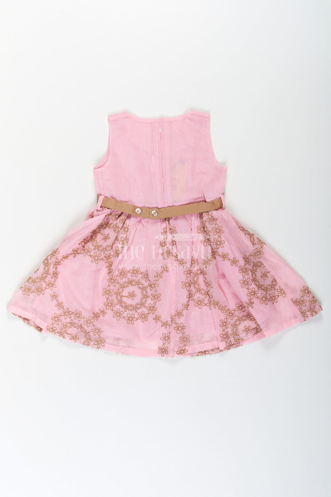 The Nesavu Girls Fancy Frock Work Frock for Girls in Pink and Brown with Cotton Blend and Embroidered Overlay Jacket Nesavu Nesavu Work Frock for Girls with Embroidered Overlay Jacket in Cotton Blend Pink and Brown Design