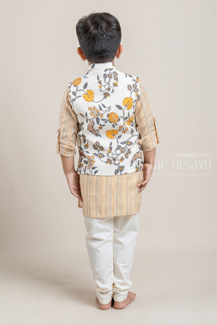 The Nesavu Boys Jacket Sets Yellow All Over Stripes Printed Boys Kurta with Floral Printed Overcoat and White Pant Nesavu Boys Festive Dresses | Latest Boys Ethnic Kurta And Pyjama Pant | The Nesavu