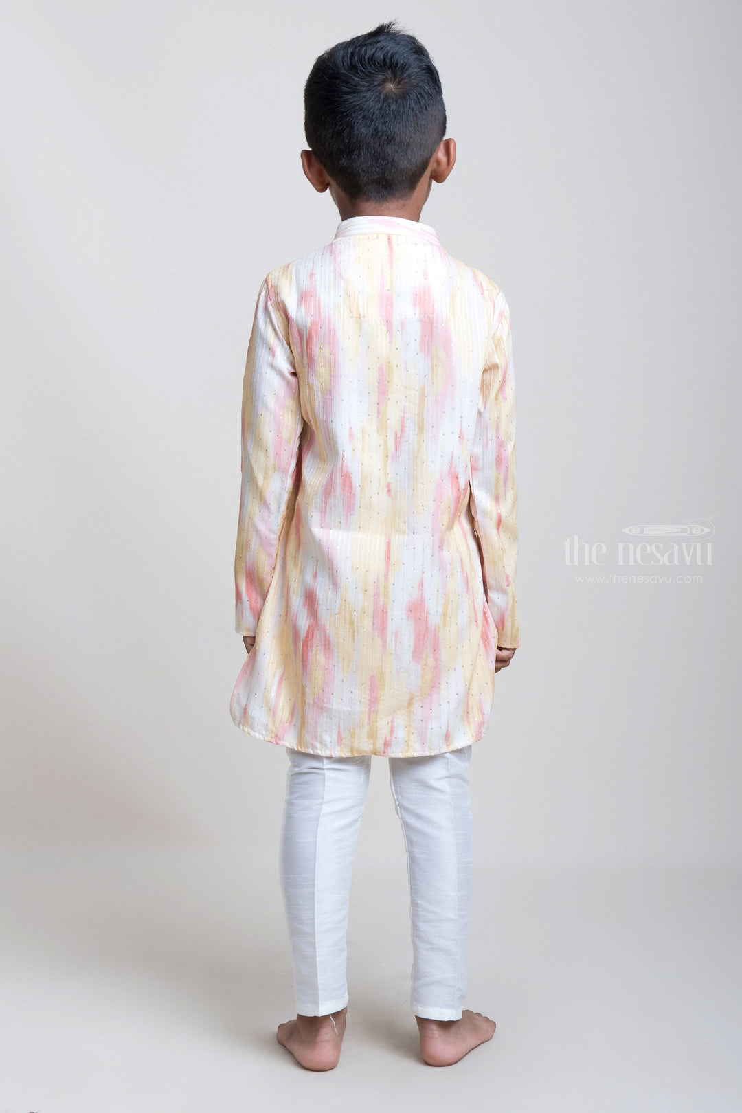 The Nesavu Boys Kurtha Set Yellow And Pink Shaded Embellished Cotton Kurta With White Pant For Boys psr silks Nesavu