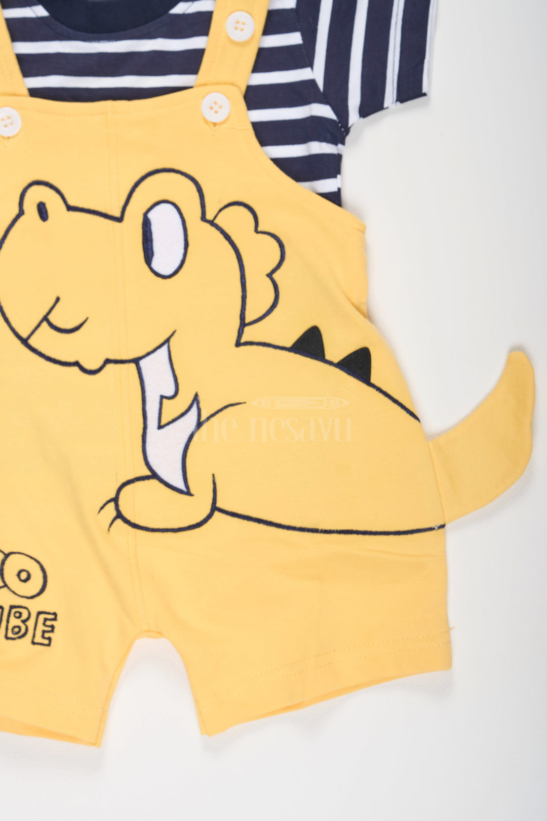 Yellow Baby Dungarees Dinosaur Graphic Striped T-Shirt Nesavu