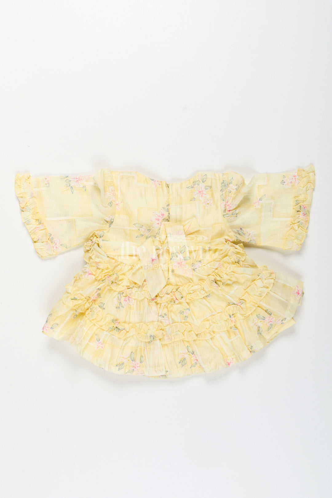The Nesavu Baby Frocks Yellow Baby Girl Frock with Floral Print and Ruffles Cotton Dress Nesavu 14 (6M) / Yellow BFJ827A-14 Nesavu Yellow Baby Girl Frock Floral Print Ruffles Cotton Dress Summer Photoshoots