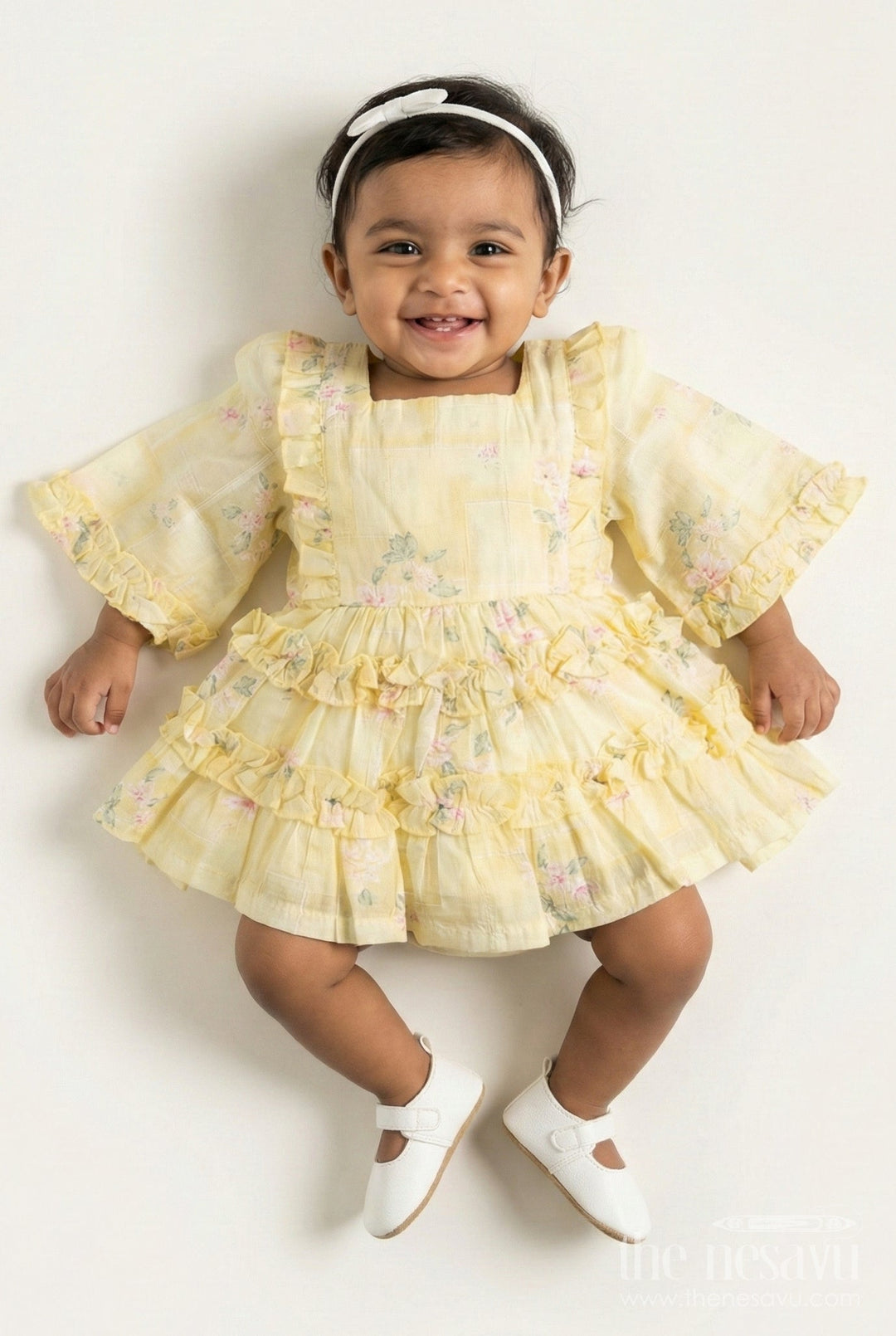 The Nesavu Baby Frocks Yellow Baby Girl Frock with Floral Print and Ruffles Cotton Dress Nesavu 14 (6M) / Yellow BFJ827A-14 Nesavu Yellow Baby Girl Frock Floral Print Ruffles Cotton Dress Summer Photoshoots